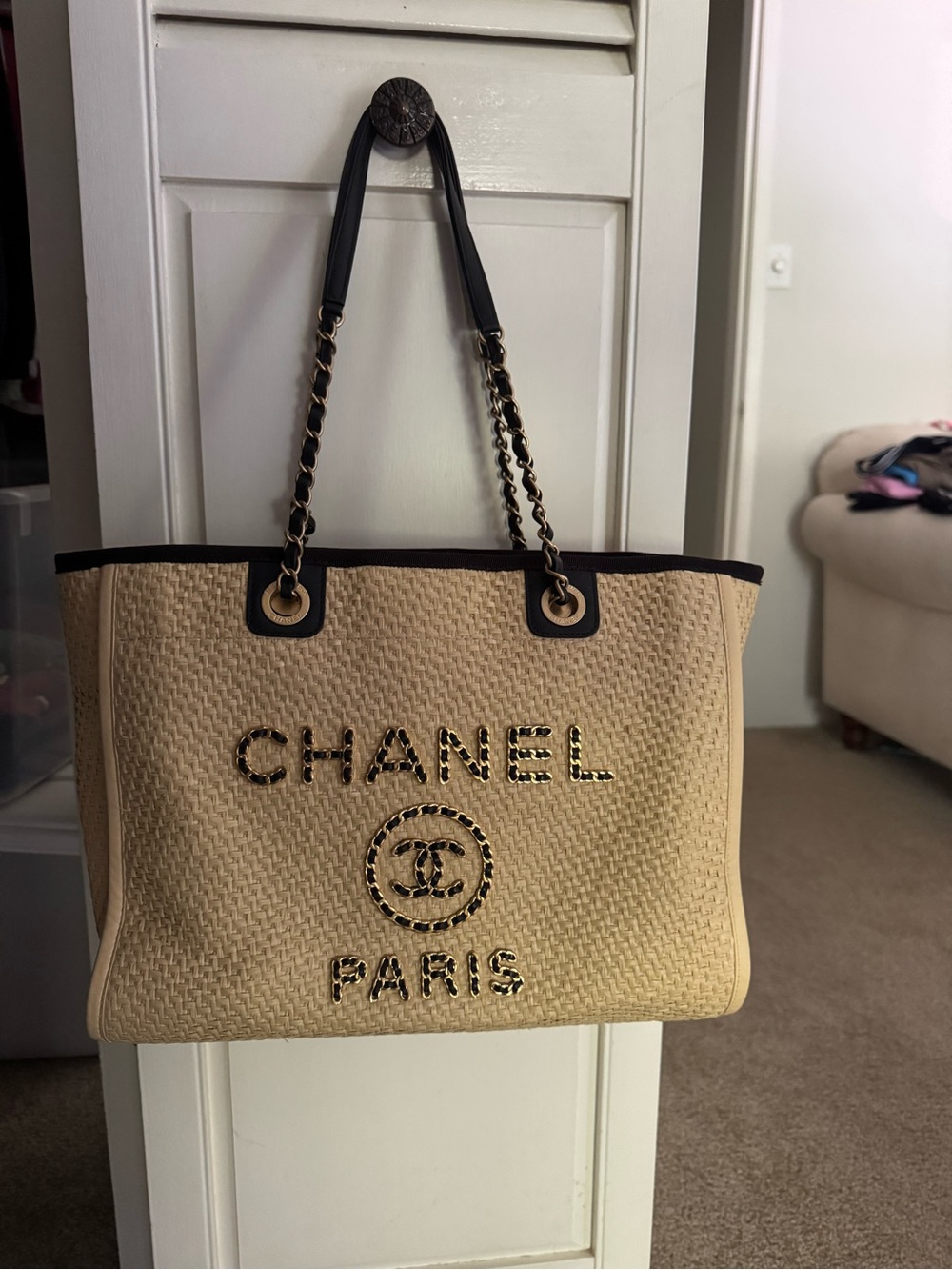 CHANEL Beige Woven Tote with Black Trim and Chain Straps